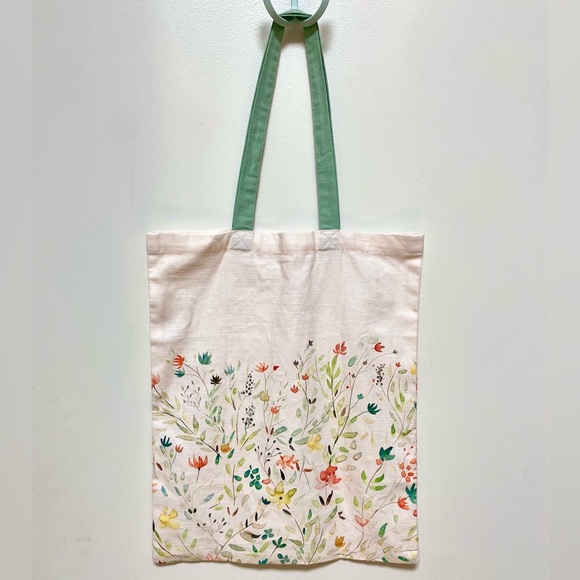 Watercolor Floral Canvas Tote Bag with Green Handles - Picture 1 of 4